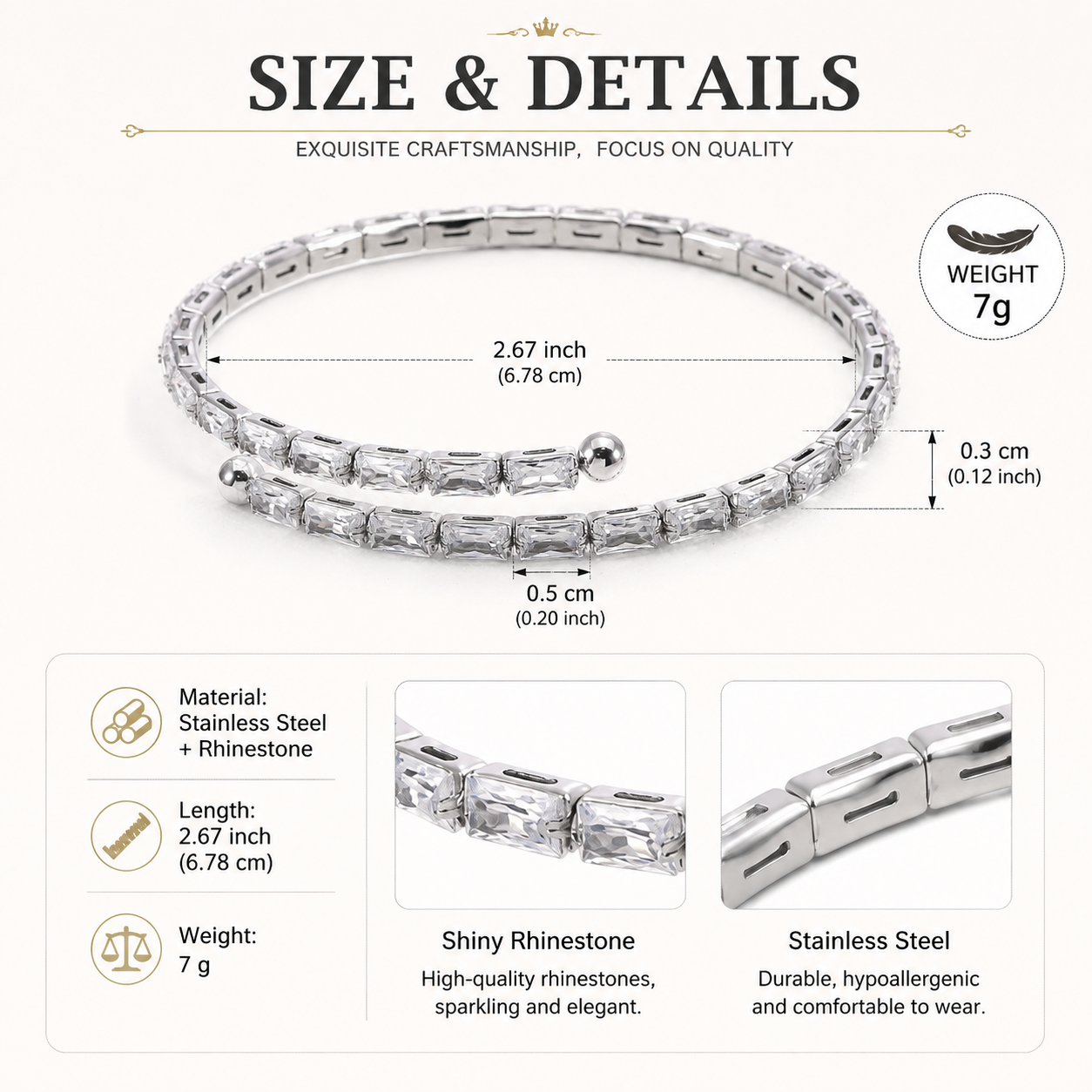 WODOXIN Stainless Steel Rhinestone Bracelet for Women, Crystal Cuff Bangle Jewelry, Sparkling Open Bracelet for Everyday Wear & Gift