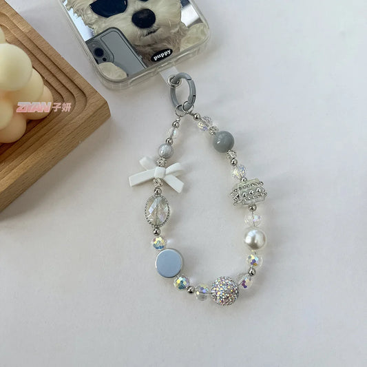 Cute fashion bracelet bow mobile phone chain Diamond ball beaded handmade DIY pendant small fragrant wind pearl phone pendant