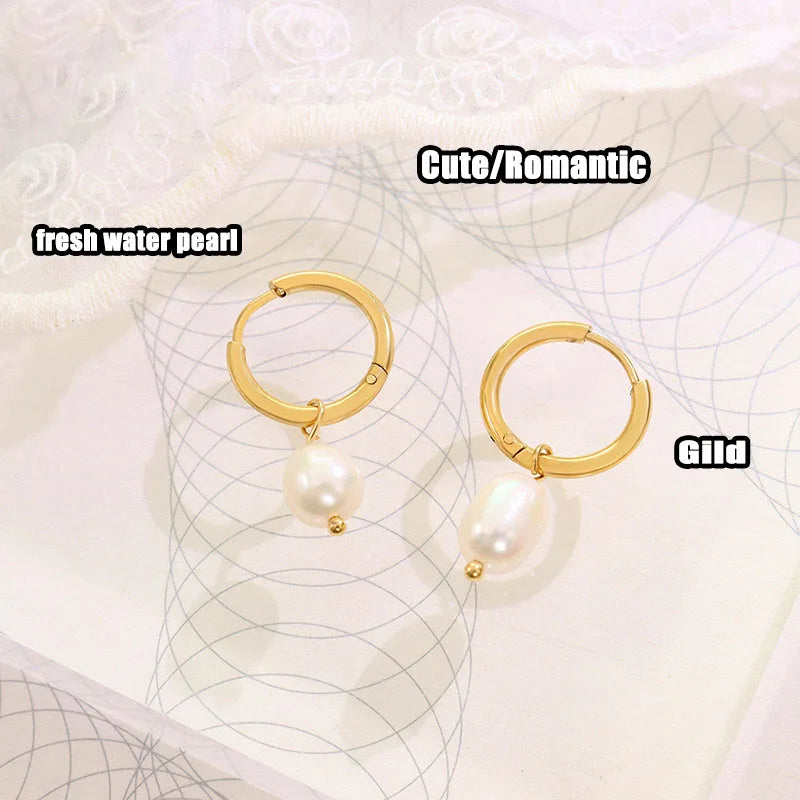 Metal circle ear buckle Fresh water pearl pendant earrings do not fade light luxury French titanium steel plated 18K gold earrin