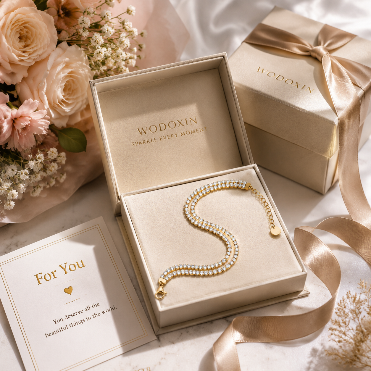 WODOXIN Stainless Steel Tennis Bracelet for Women – Sparkly Rhinestone Crystal Bracelet, Gold, Silver & Double Layer Styles