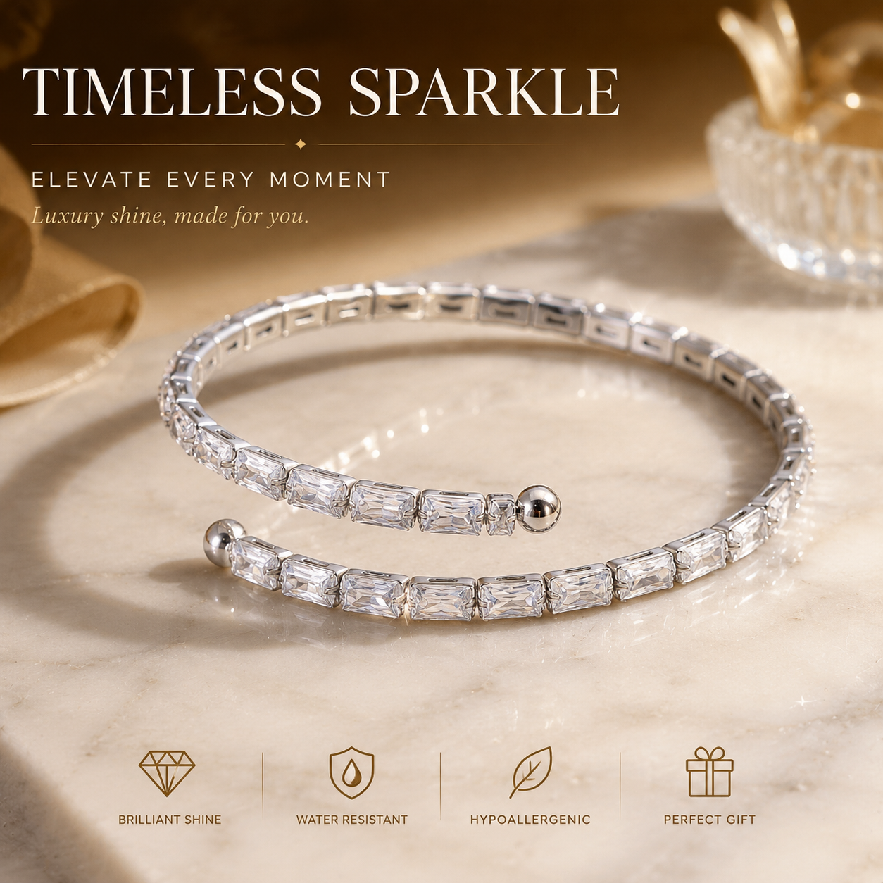WODOXIN Stainless Steel Rhinestone Bracelet for Women, Crystal Cuff Bangle Jewelry, Sparkling Open Bracelet for Everyday Wear & Gift