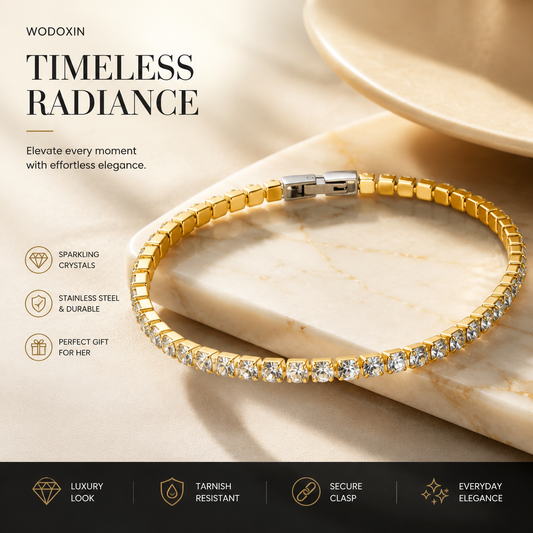 WODOXIN Stainless Steel Tennis Bracelet for Women – Sparkly Rhinestone Crystal Bracelet, Gold, Silver & Double Layer Styles