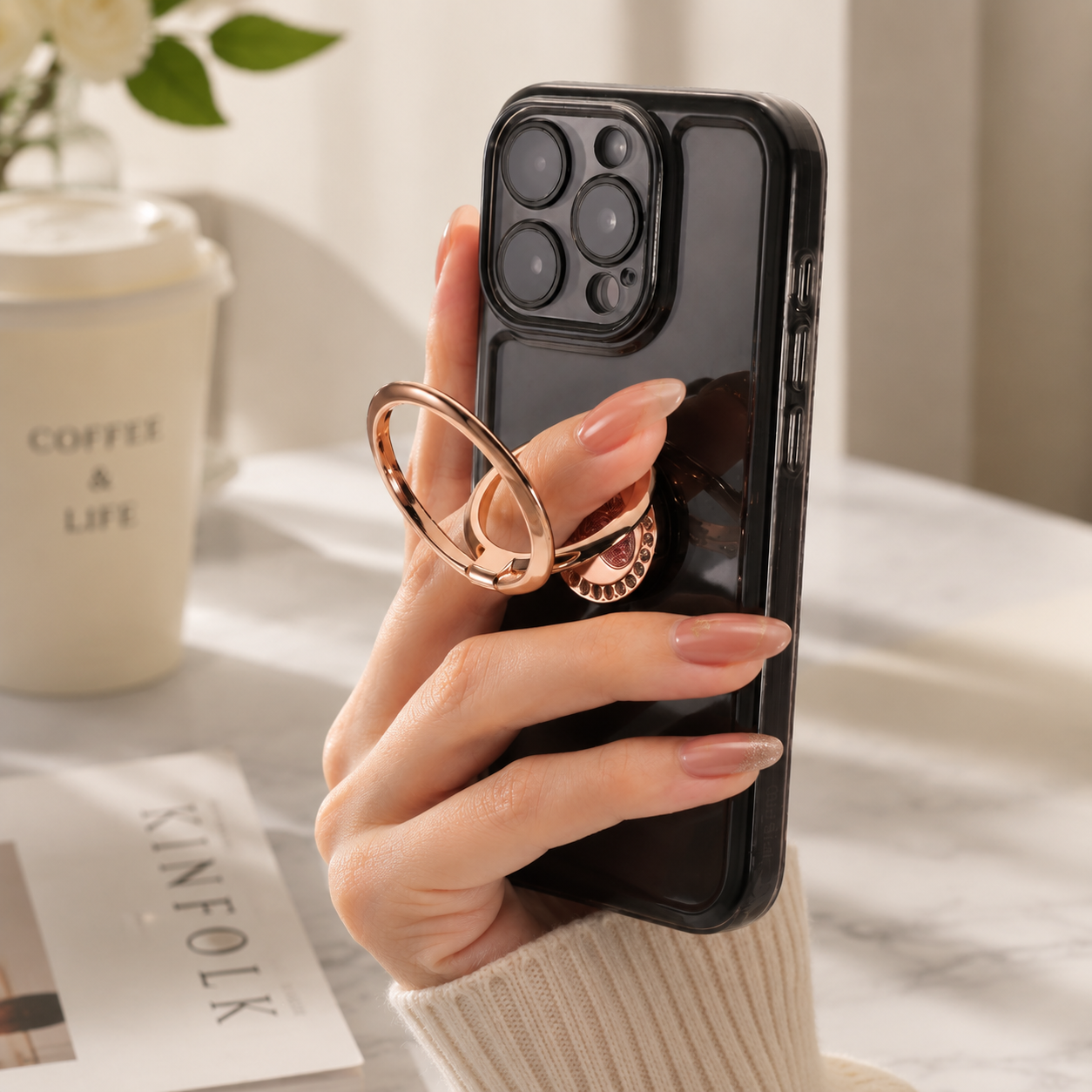 WODOXIN Rhinestone Heart Phone Ring Holder, 360° Rotating Phone Stand Grip for iPhone & Smartphones