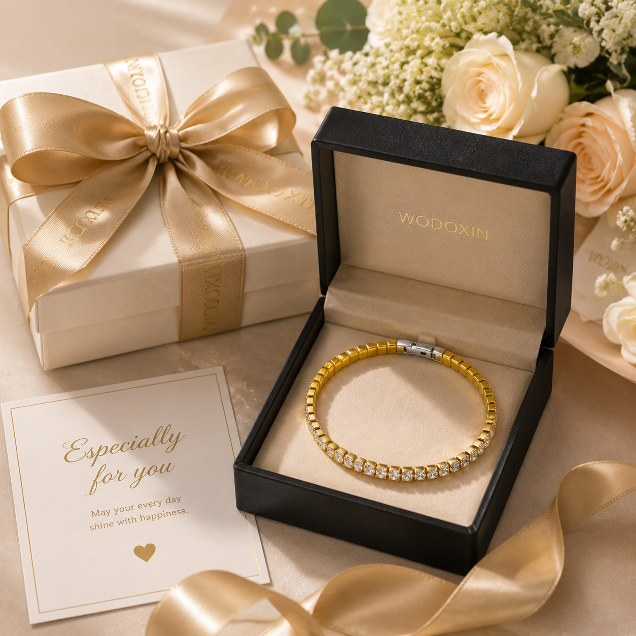 WODOXIN Stainless Steel Tennis Bracelet for Women – Sparkly Rhinestone Crystal Bracelet, Gold, Silver & Double Layer Styles