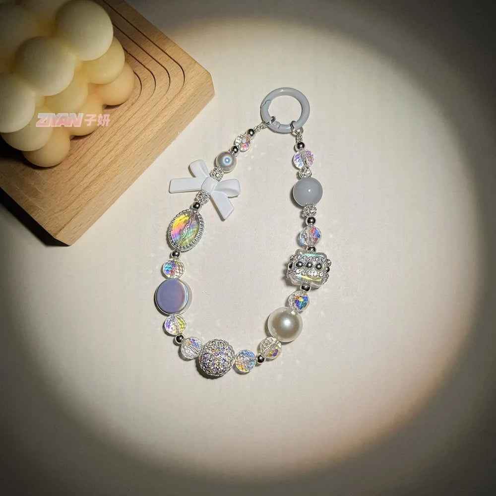 Cute fashion bracelet bow mobile phone chain Diamond ball beaded handmade DIY pendant small fragrant wind pearl phone pendant