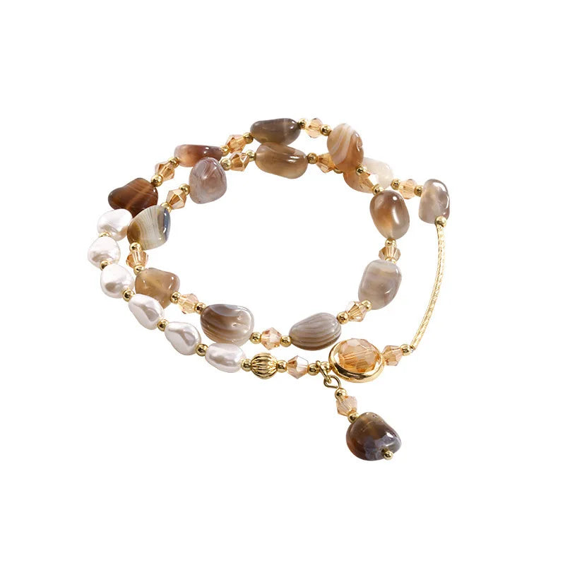 Double layer wear imitation natural stone pearl bracelet female niche design delicate string retro light luxury hand jewelry