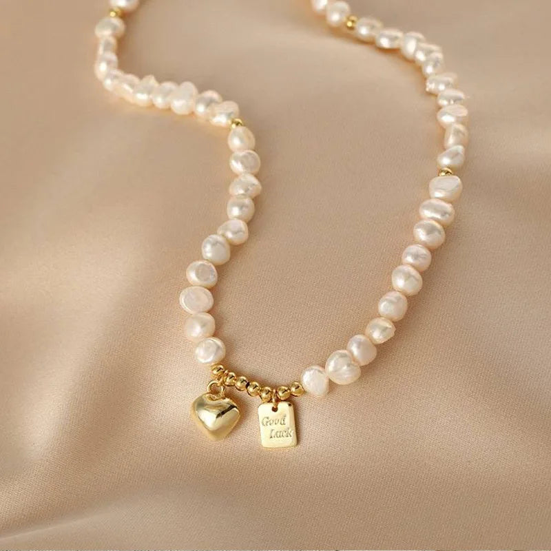 Natural freshwater pearl necklace bracelet, women's retro love square brand collarbone chain, light luxury versatile temperament