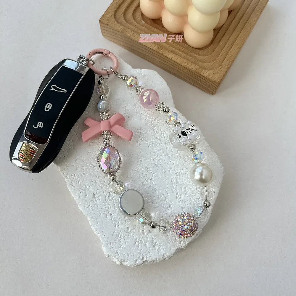 Cute fashion bracelet bow mobile phone chain Diamond ball beaded handmade DIY pendant small fragrant wind pearl phone pendant