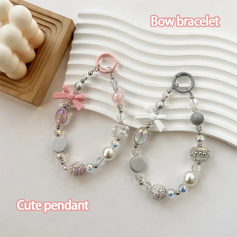 Cute fashion bracelet bow mobile phone chain Diamond ball beaded handmade DIY pendant small fragrant wind pearl phone pendant