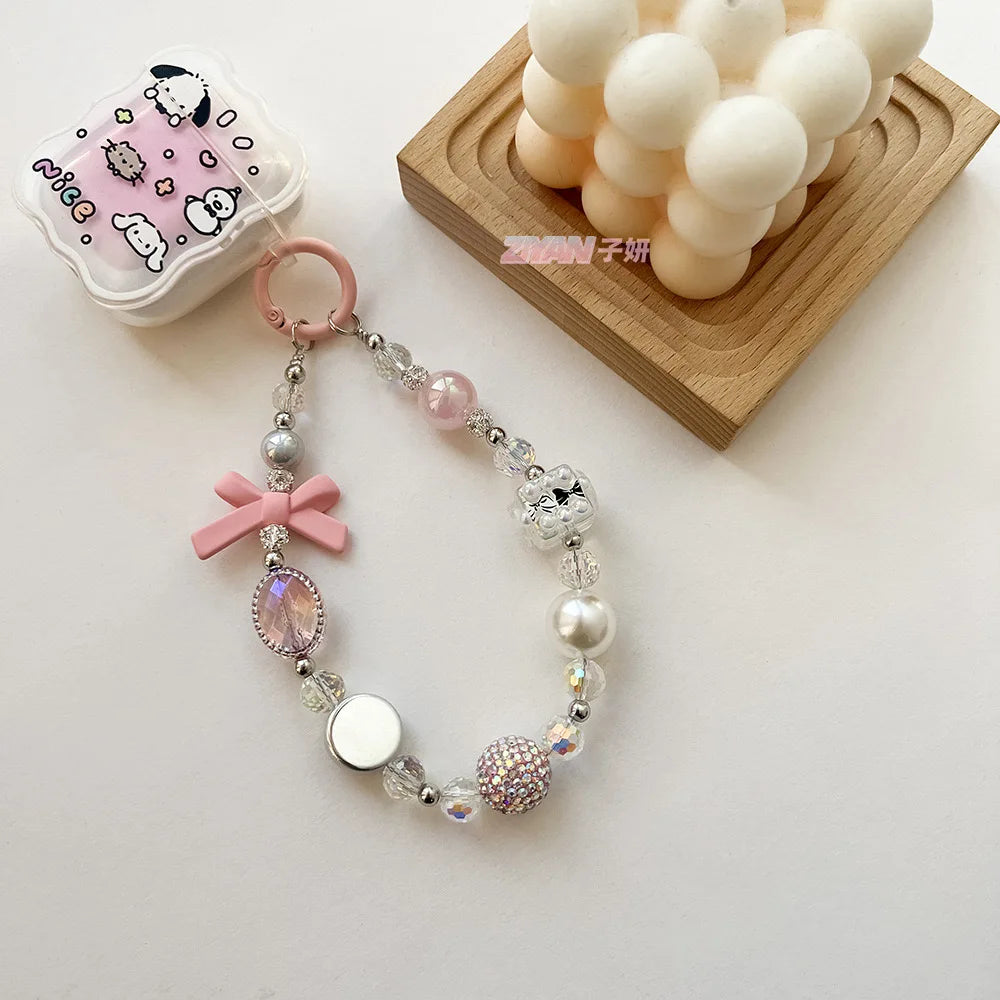 Cute fashion bracelet bow mobile phone chain Diamond ball beaded handmade DIY pendant small fragrant wind pearl phone pendant