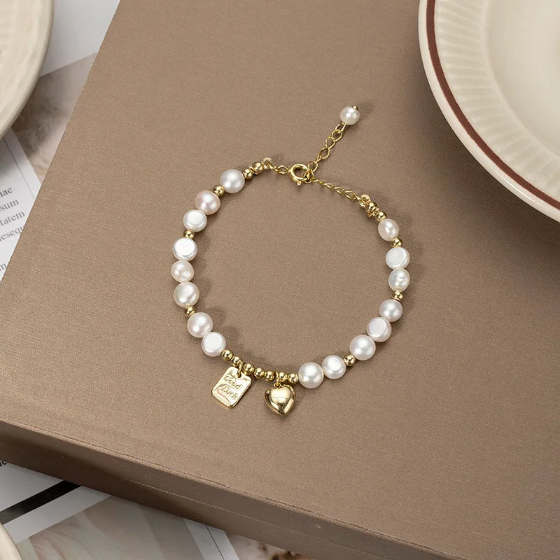 Natural freshwater pearl necklace bracelet, women's retro love square brand collarbone chain, light luxury versatile temperament