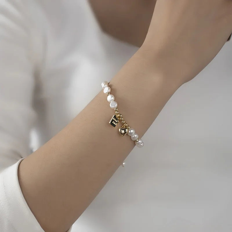 Natural freshwater pearl necklace bracelet, women's retro love square brand collarbone chain, light luxury versatile temperament
