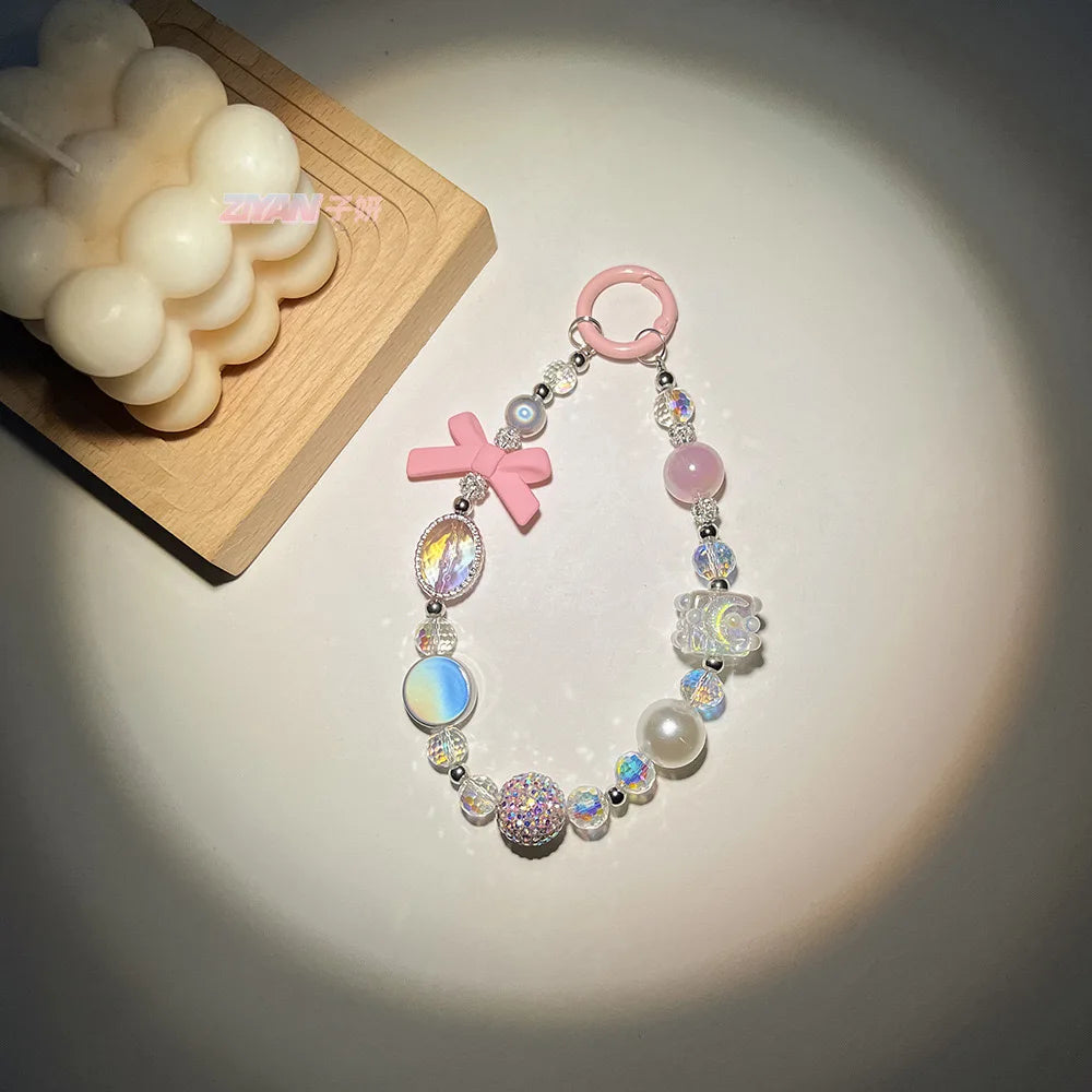 Cute fashion bracelet bow mobile phone chain Diamond ball beaded handmade DIY pendant small fragrant wind pearl phone pendant