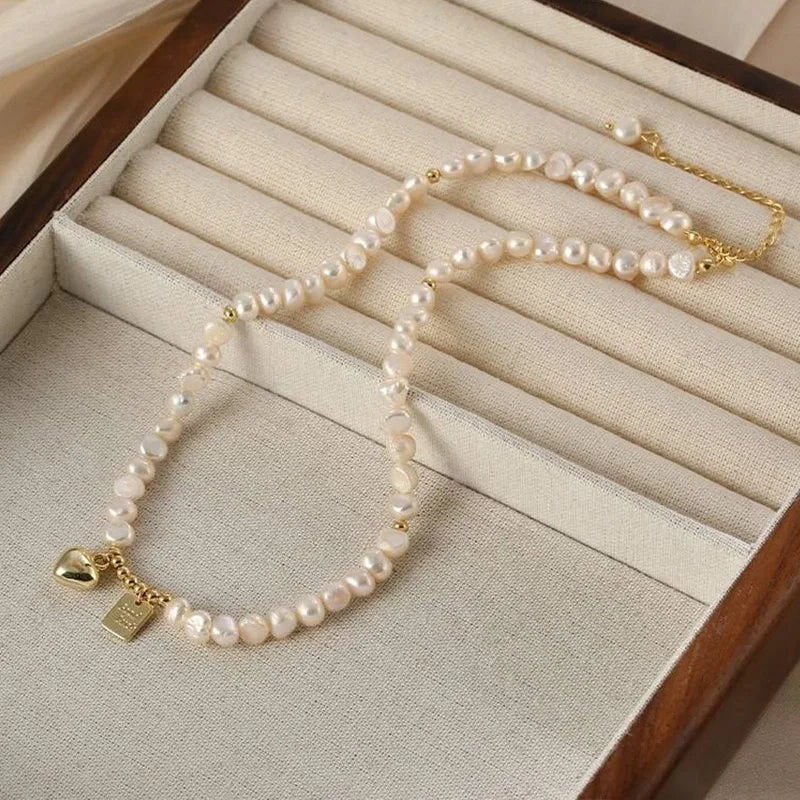 Natural freshwater pearl necklace bracelet, women's retro love square brand collarbone chain, light luxury versatile temperament