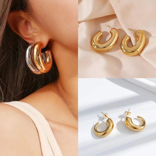 Stylish retro G-shaped hollow earrings Personality stylish stainless steel gold-plated stud earrings smooth chubby earrings for