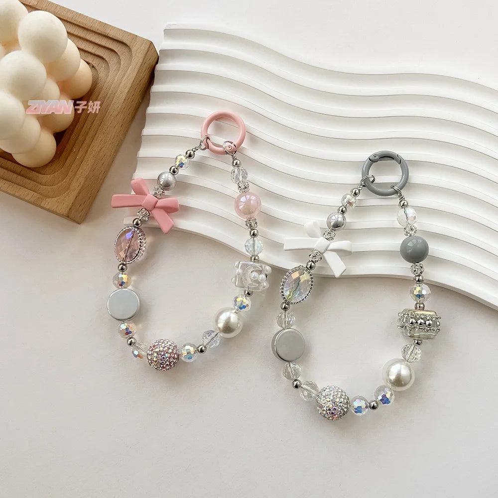 Cute fashion bracelet bow mobile phone chain Diamond ball beaded handmade DIY pendant small fragrant wind pearl phone pendant